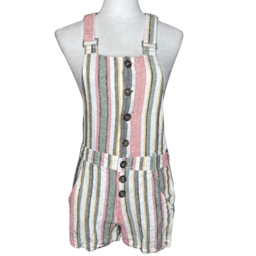 Indigo Rein Striped Linen Blend Shortall Overalls Romper - Size Medium